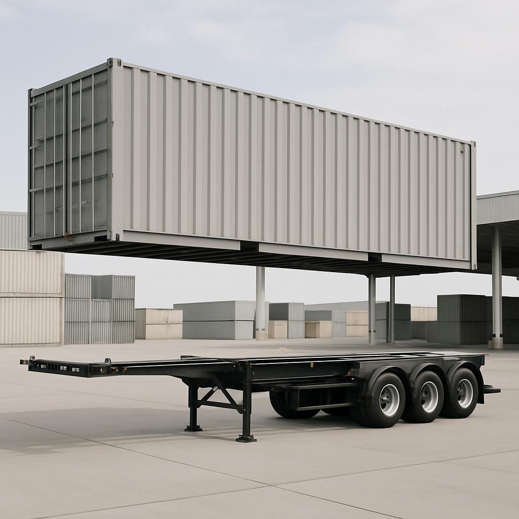 Lead image title: Container on platform. Lead image description: A small, gray shipping container lowered on a dark grey t...