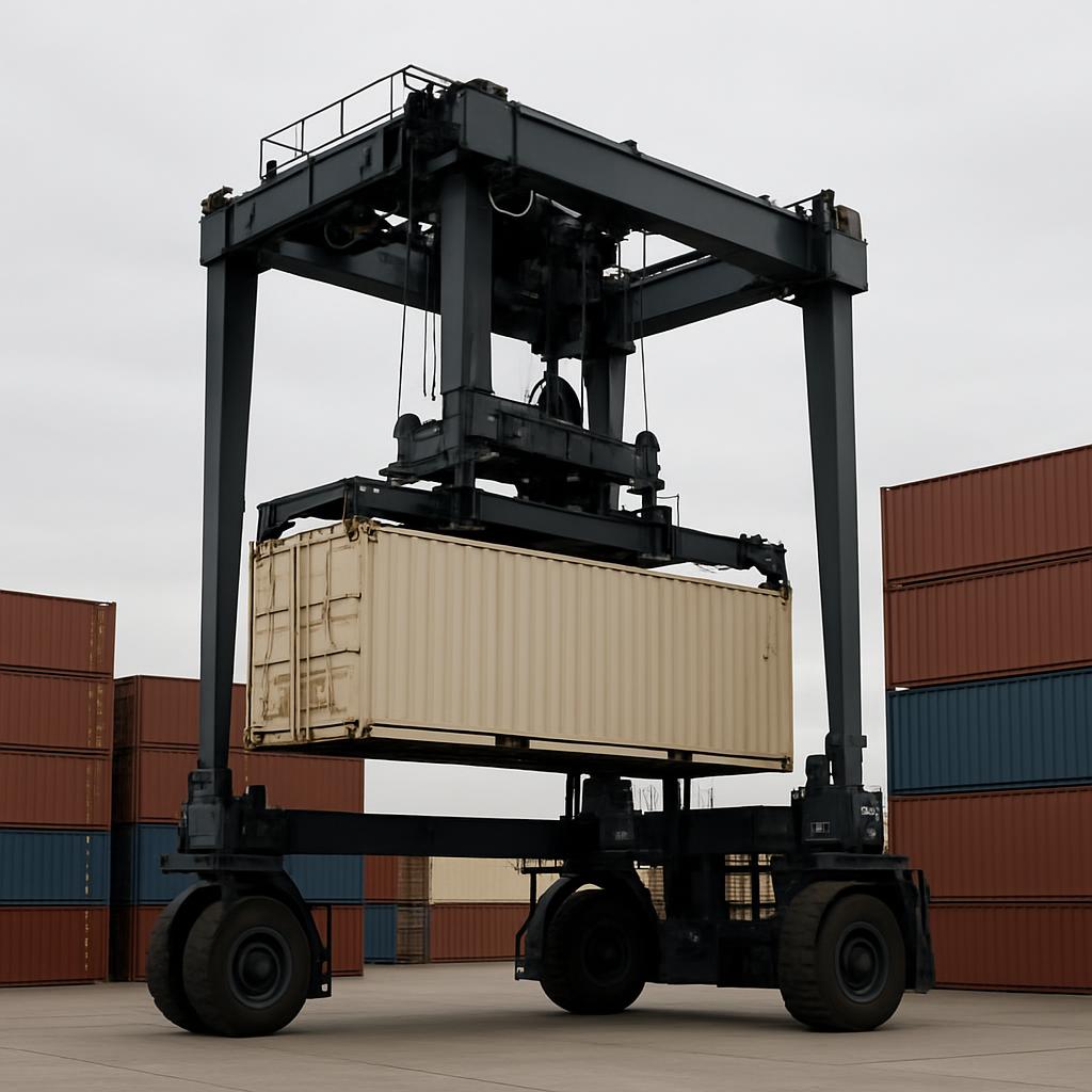 A tall container lifter with wheels lifting a large beige container at a shipping yard.