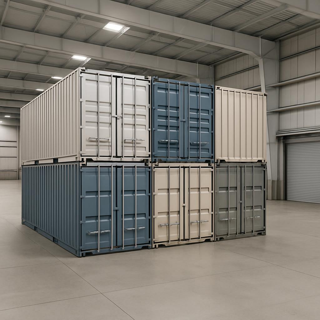 A stack of stacked shipping containers in a large warehouse.
