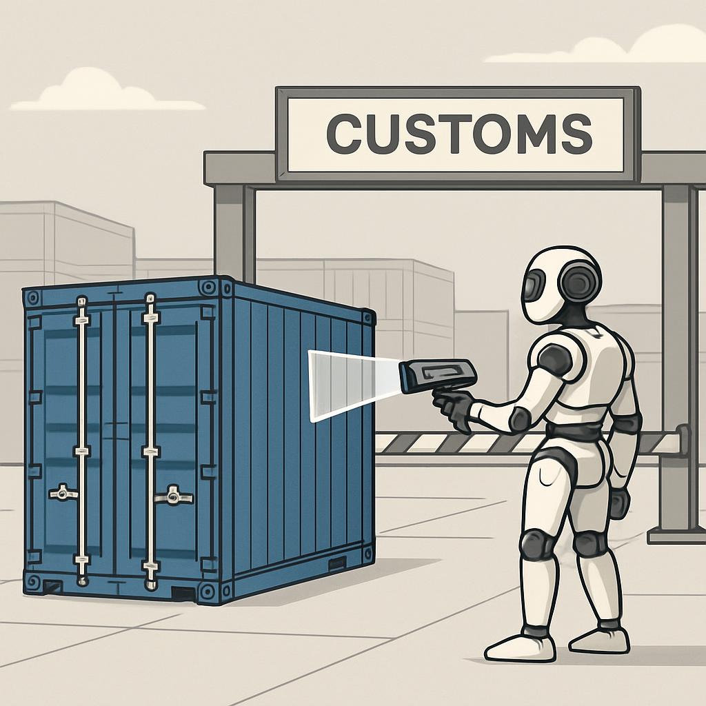 A grey scale illustration of a robot scanning a blue cargo box at a customs gate.
